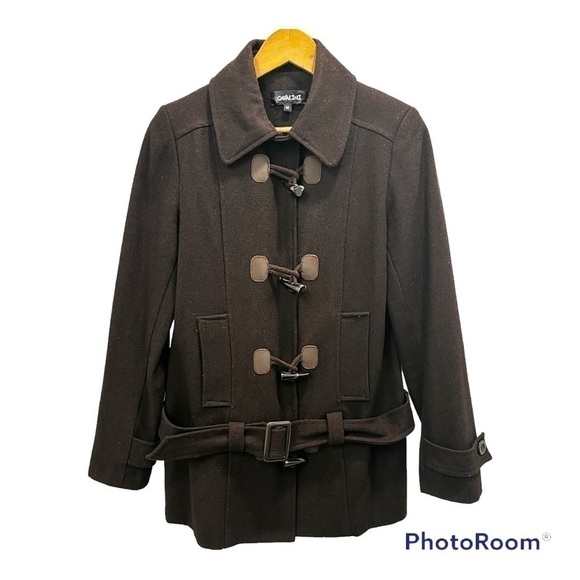 DARK BROWN wool blend belted peacoat size medium - Picture 1 of 13